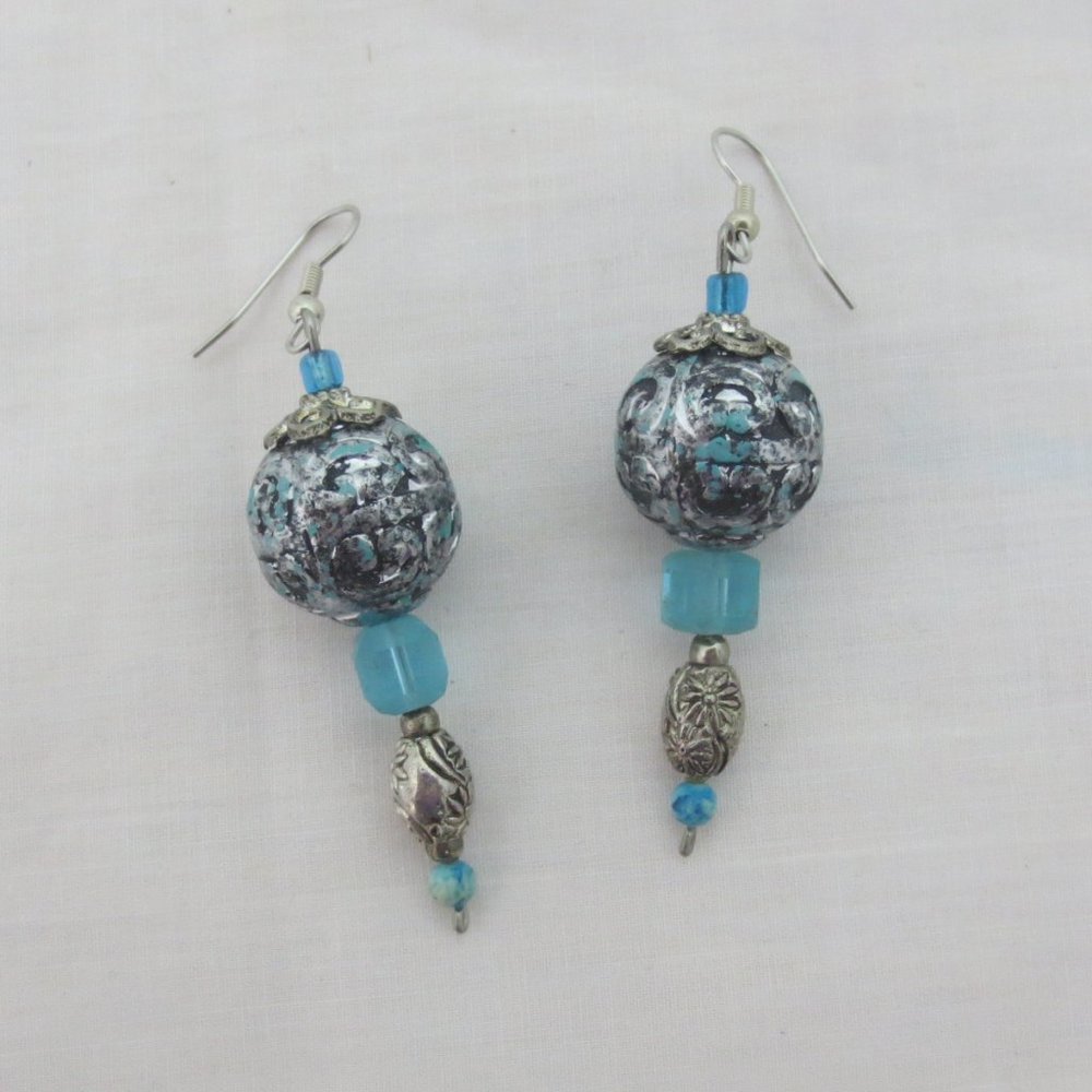 New Hand Crafted Blue & Silver Statement Earrings